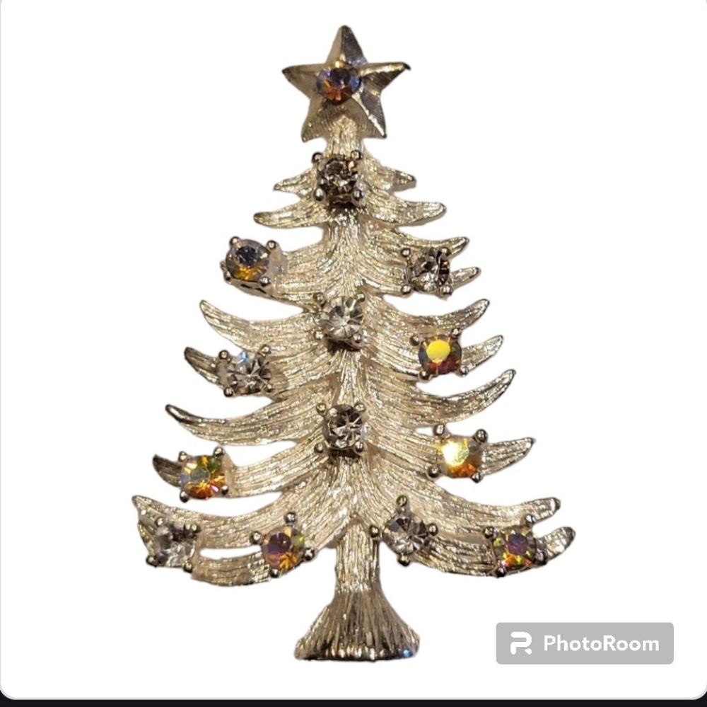 Vintage Eisenberg Ice Silver Crystal Signed Tree Brooch Aurora Borealis